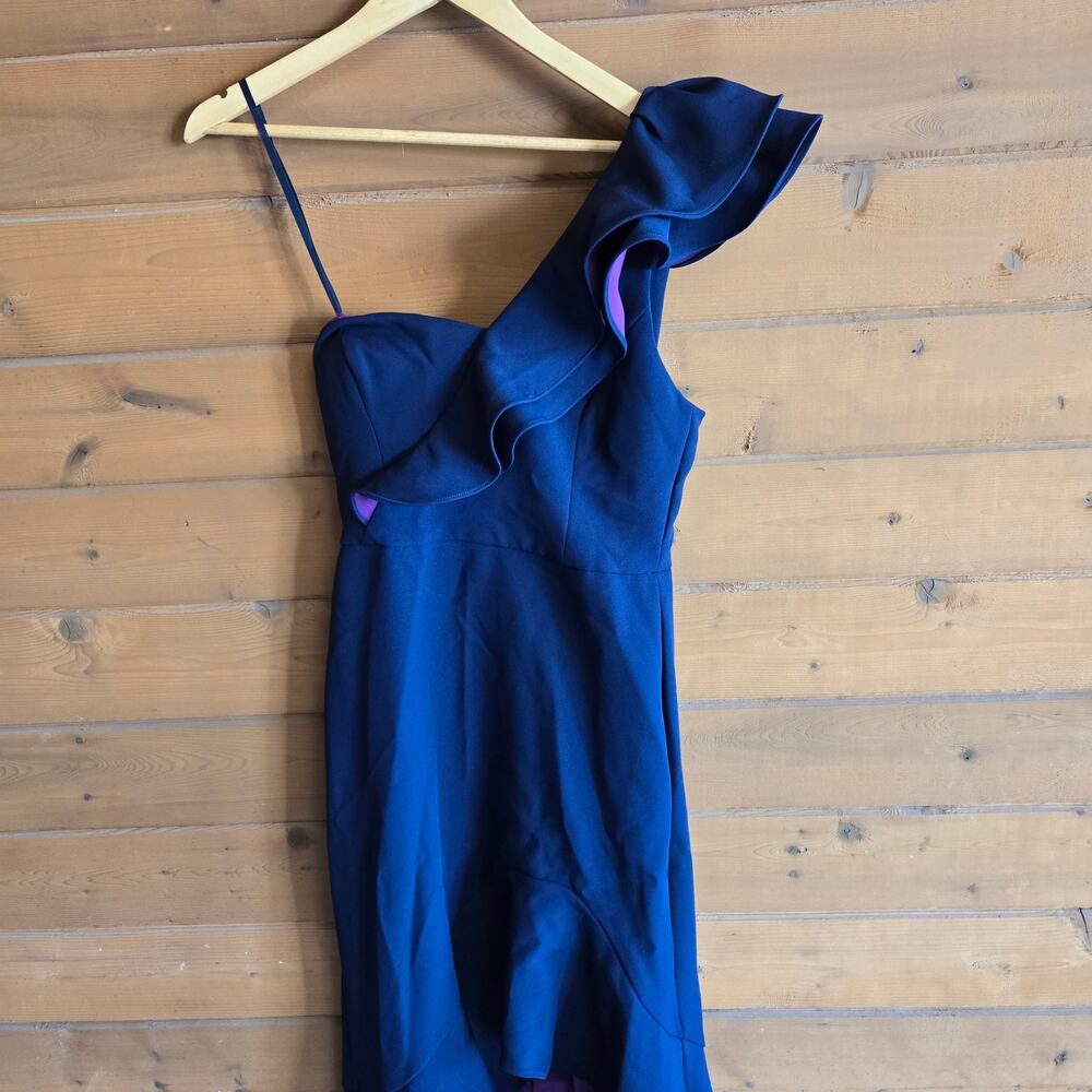 BCBGMAXAZRIA Dress One Shoulder High Low Ruffled Gown Navy 8 Formal Wedding Prom - Picture 4 of 9